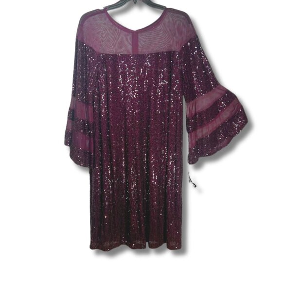 R&M Richard Short Plum Purple Sequin Mini Dress with Bell Batwing Sleeves 22W 22 - Picture 2 of 13